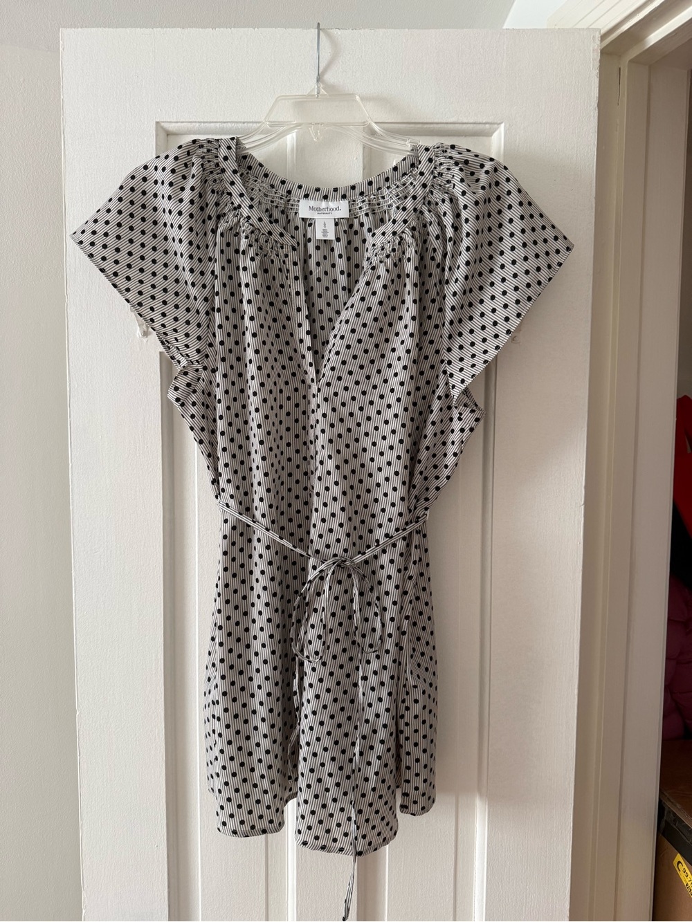 Motherhood Maternity Black Polka Dot Short Sleeve Peplum Tie-Waist Top